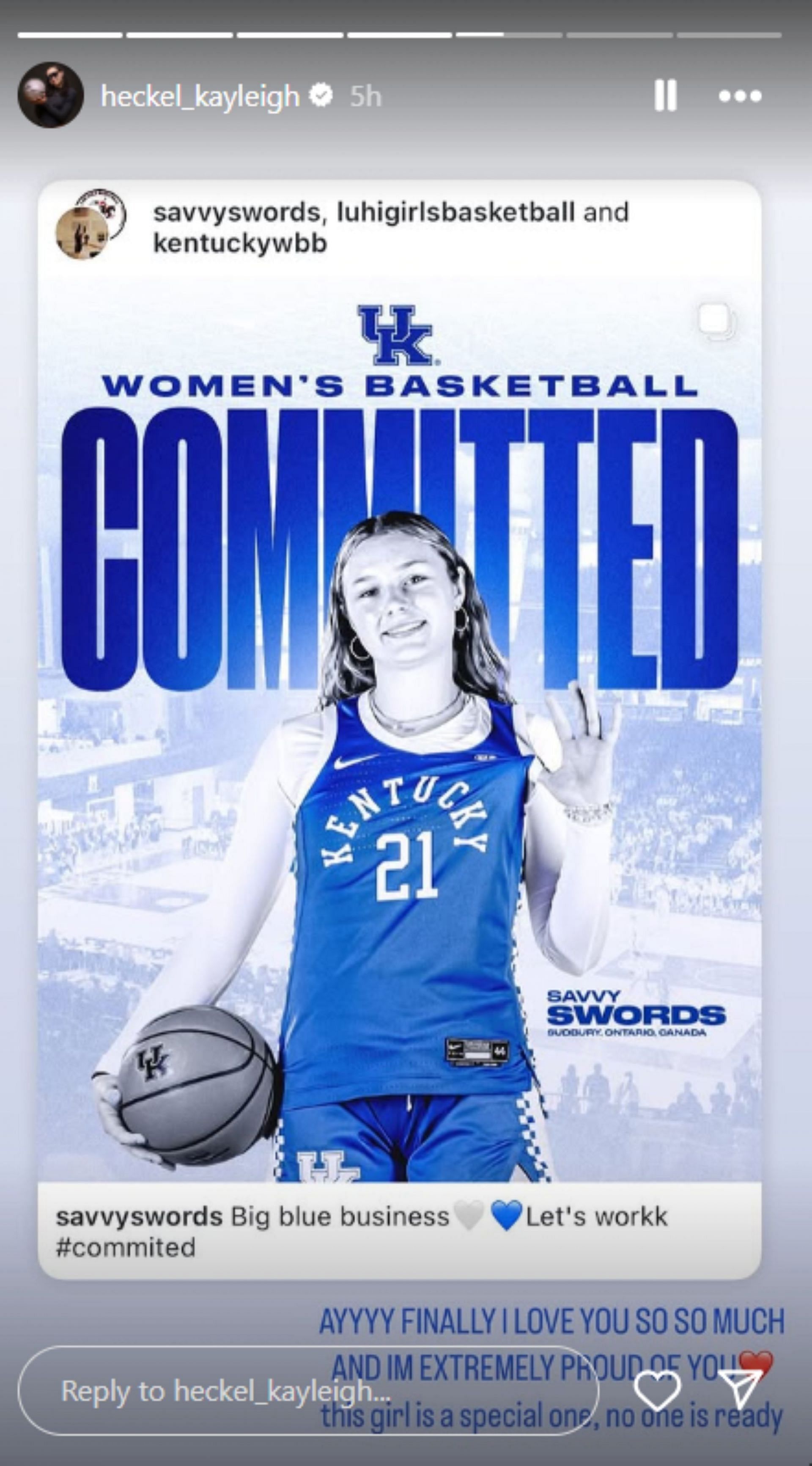 UConn hooper Kayleigh Heckel shares heartfelt message as Top 20 recruit commits to Kenny Brooks' Kentucky (Image via Instagram @heckel_kayleigh)
